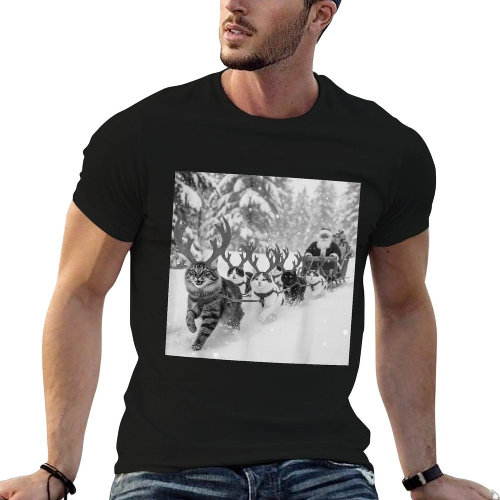 Funny Christmas Santa Sleigh Cats Reindeer Selfie Xmas Meme  High-quality Stitching T-Shirt