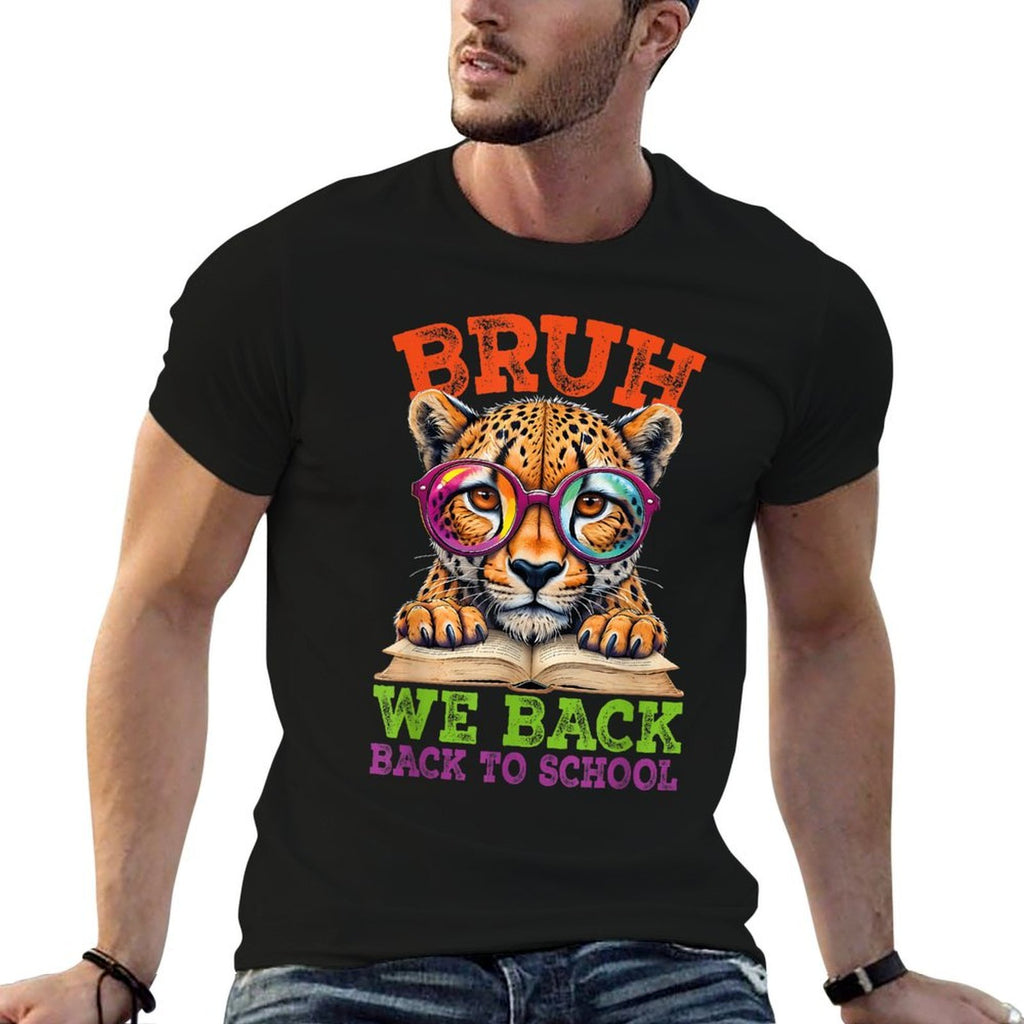 Bruh We Back Cheetah Back To School Teacher Boys Girls Kids  Ribbed Collar T-Shirt