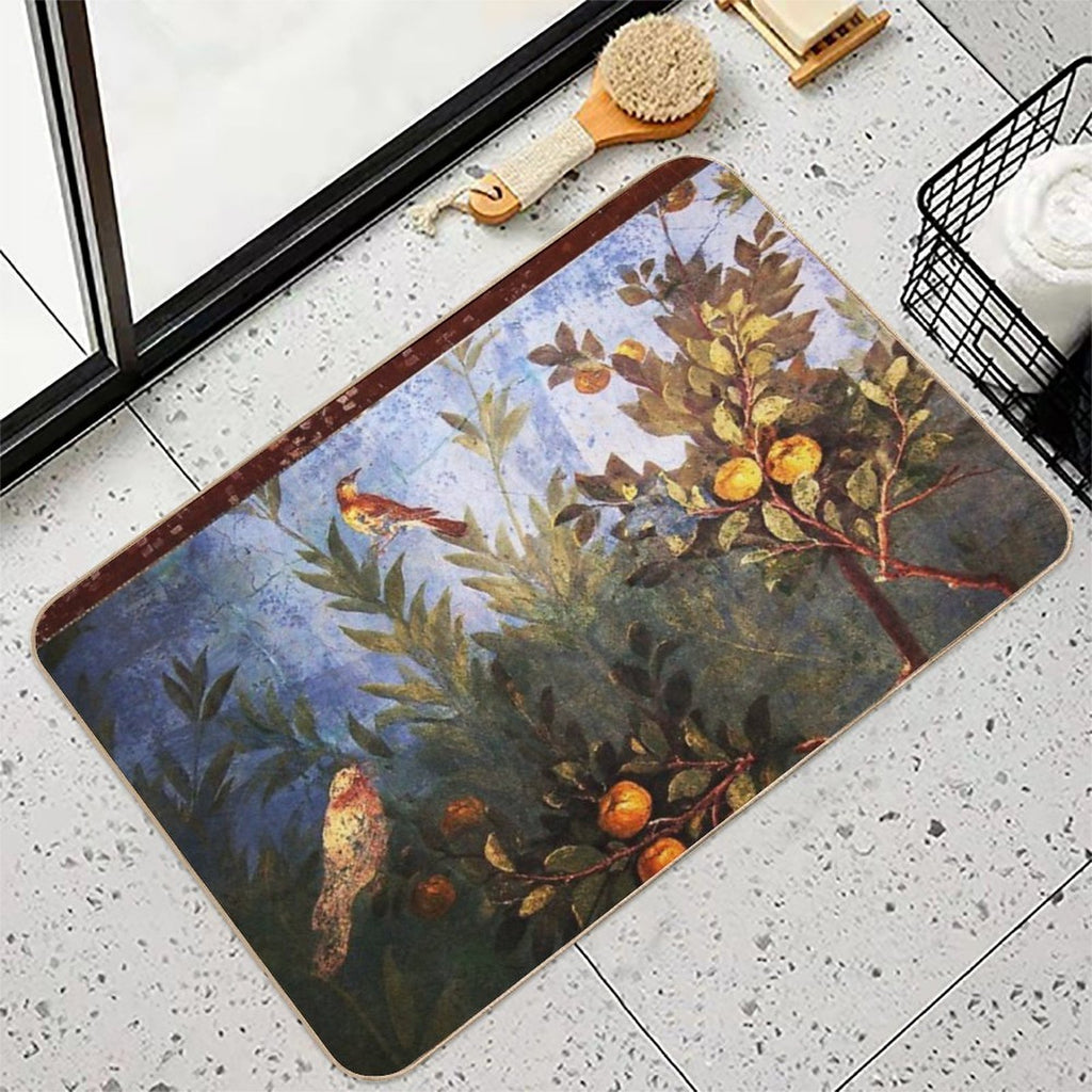 ANTIQUE ROMAN WALL PAINTING Flower Garden Flying Birds Over Quince Trees  Odorless Bath Mat