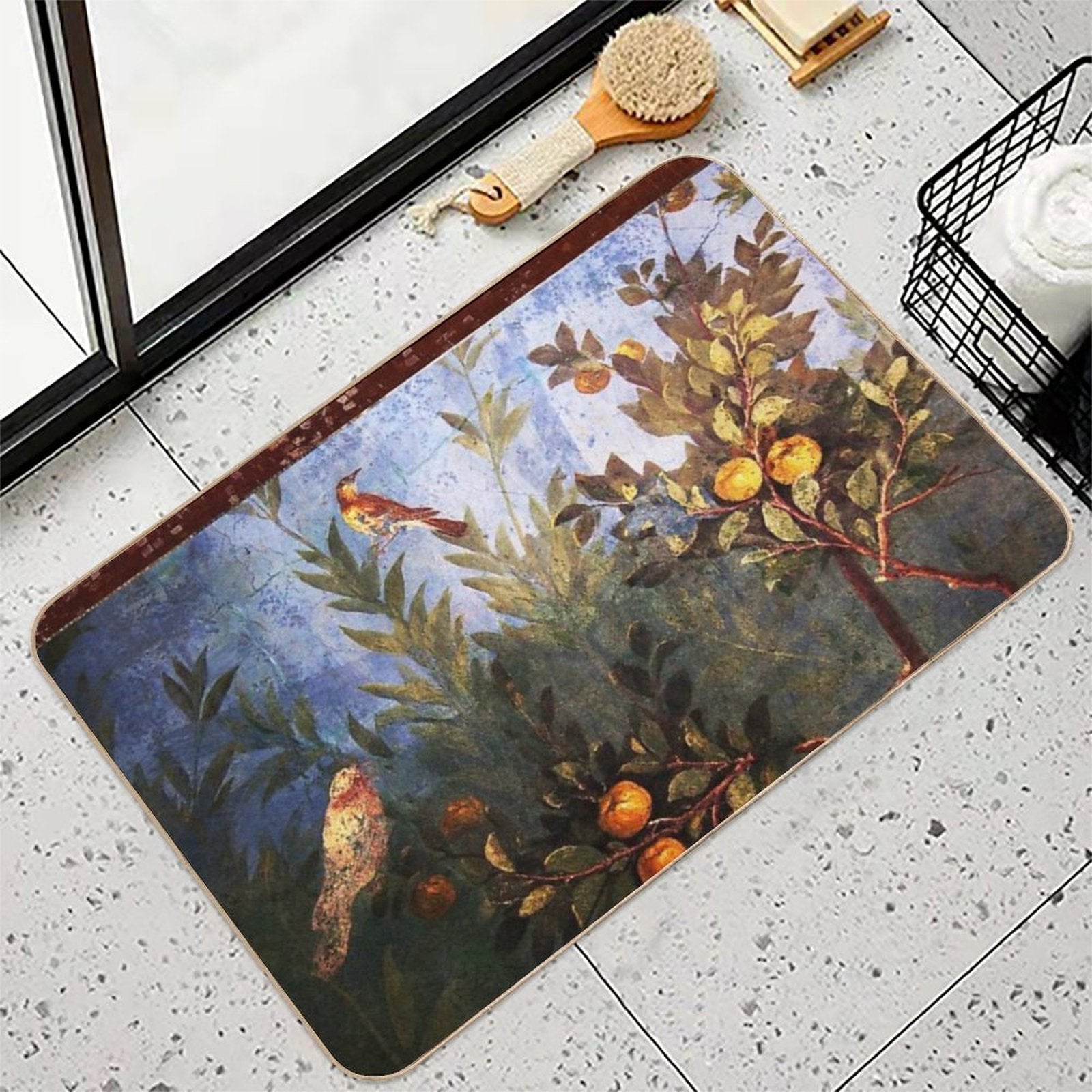 ANTIQUE ROMAN WALL PAINTING Flower Garden Flying Birds Over Quince Trees  Odorless Bath Mat