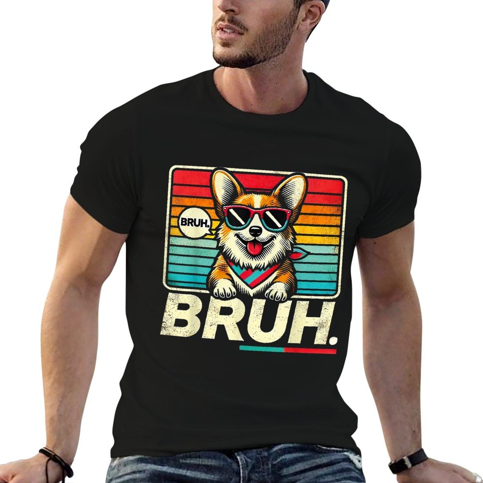 Bruh Retro Vintage 80s Dog Sunglasses BRUH Funny Bruh Corgi  Fade-proof Color T-Shirt