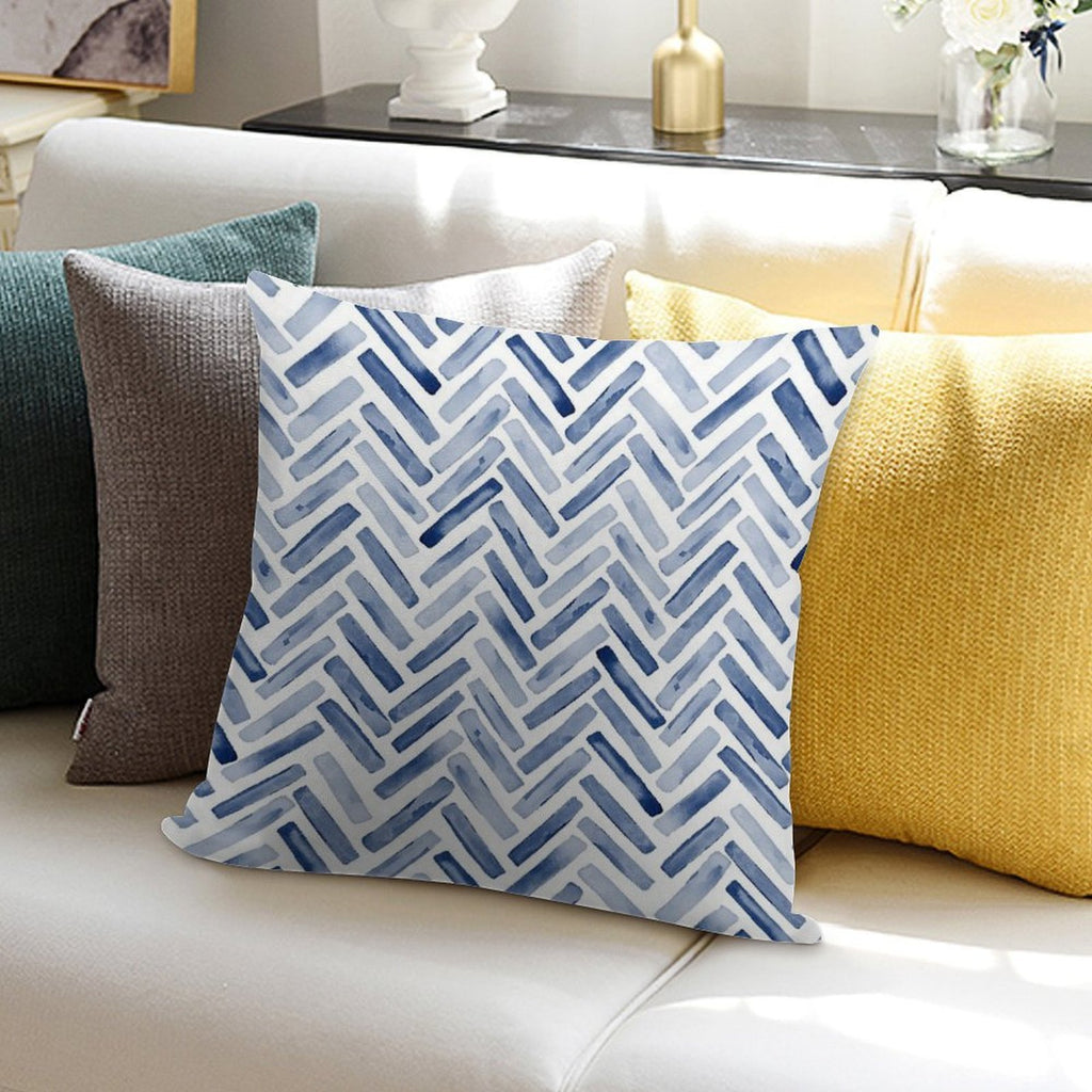 Indigo Blue Watercolor Herringbone Chevron Soft Easy Maintenance Throw Pillow