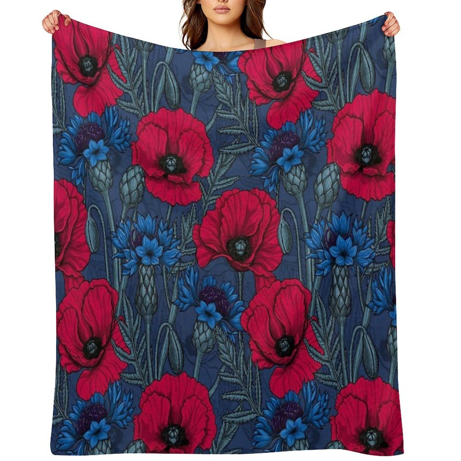 Red Poppies And Blue Cornflowers on Blue Shrink-resistant Throw Blanket