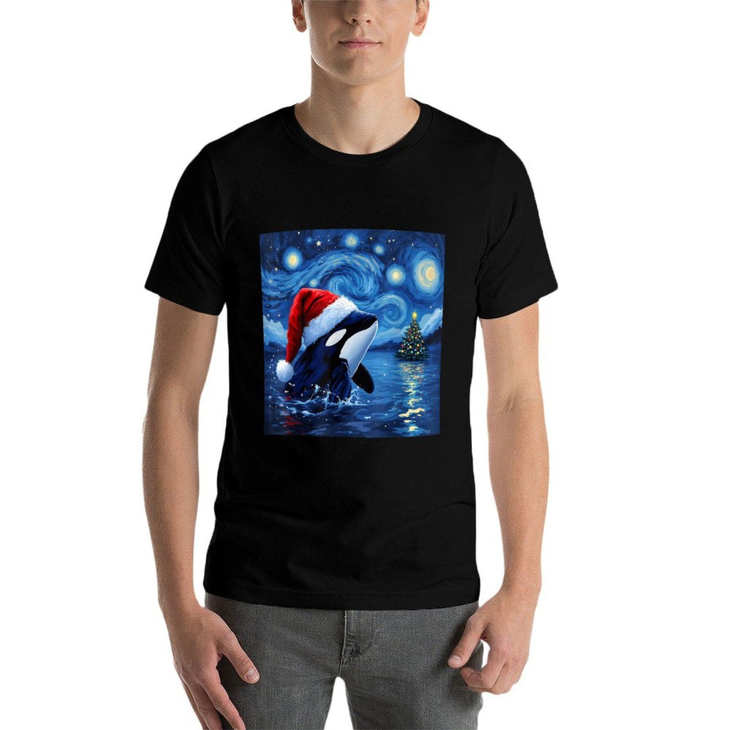 Christmas Orca Santa Hat Van Gogh Starry Night Holiday  High-quality Stitching T-Shirt