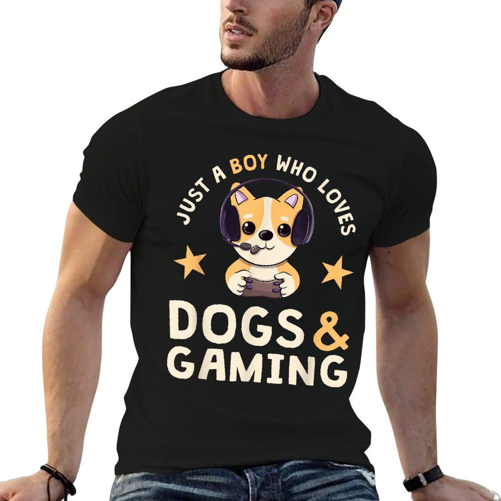 Just A Boy Who Loves Dogs And Gaming Cute Gamer Dog  Trendy Pattern T-Shirt