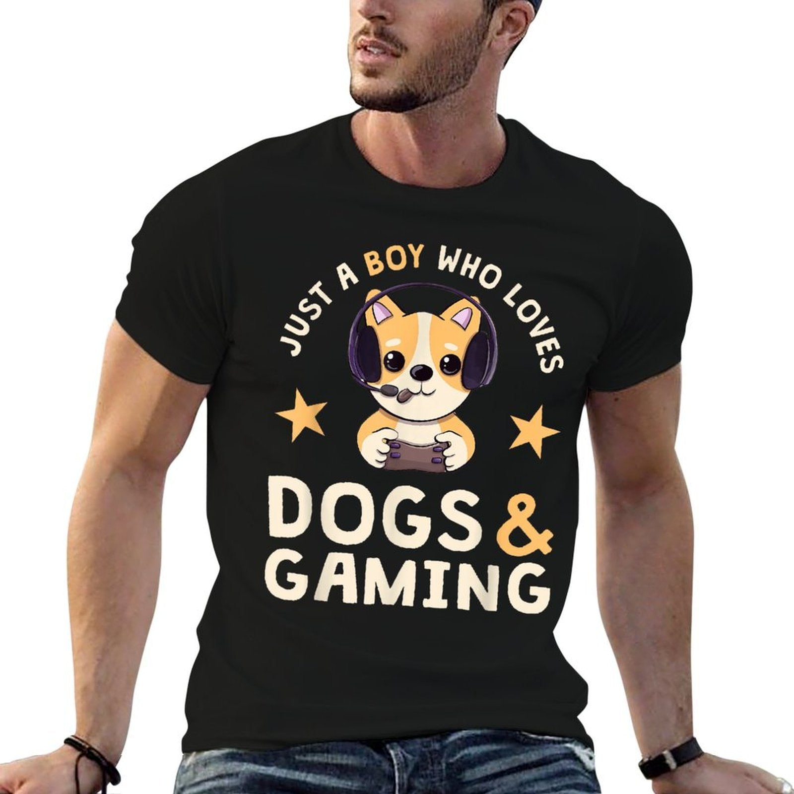 Just A Boy Who Loves Dogs And Gaming Cute Gamer Dog  Trendy Pattern T-Shirt