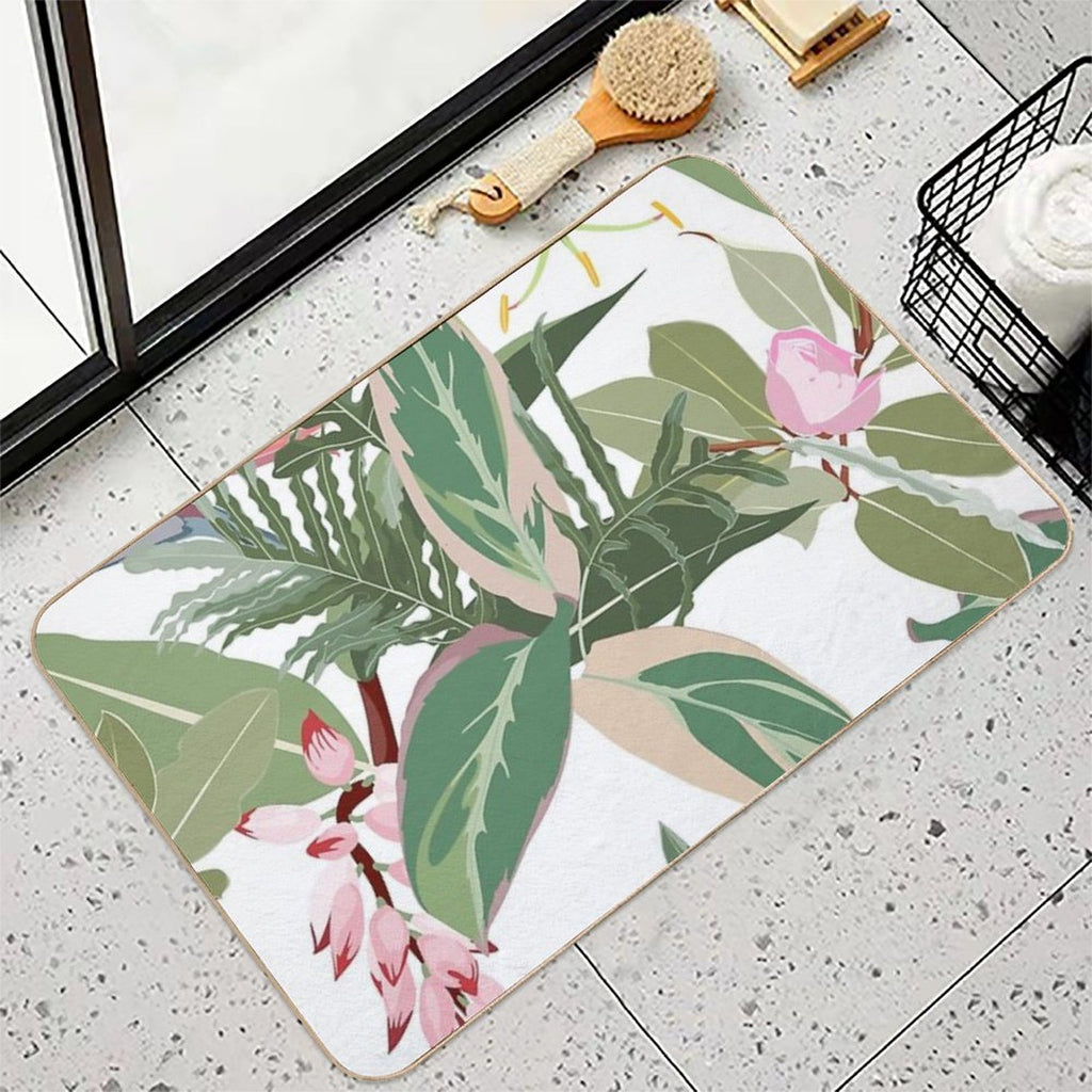 Seamless Floral Pattern with Tropical Pink Flowers with Exotic Leaves.  Stain-Proof Bath Mat