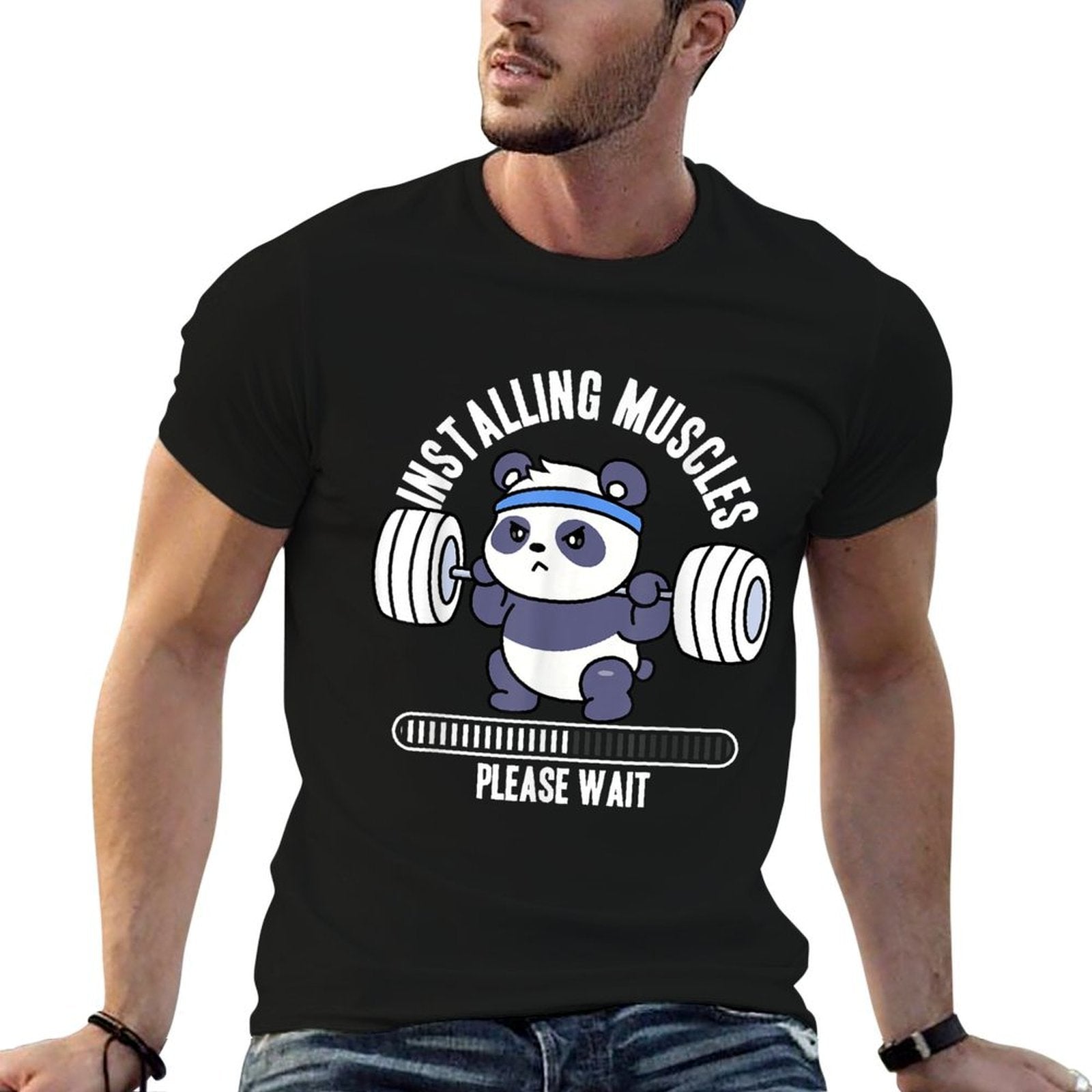 Muscle Building Fitness Panda Weight Lifting Barbell Workout  Durable T-Shirt
