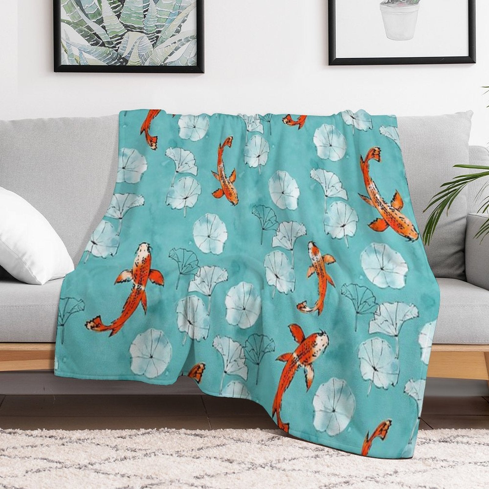 Waterlily Koi in Turquoise Easy Care Throw Blanket