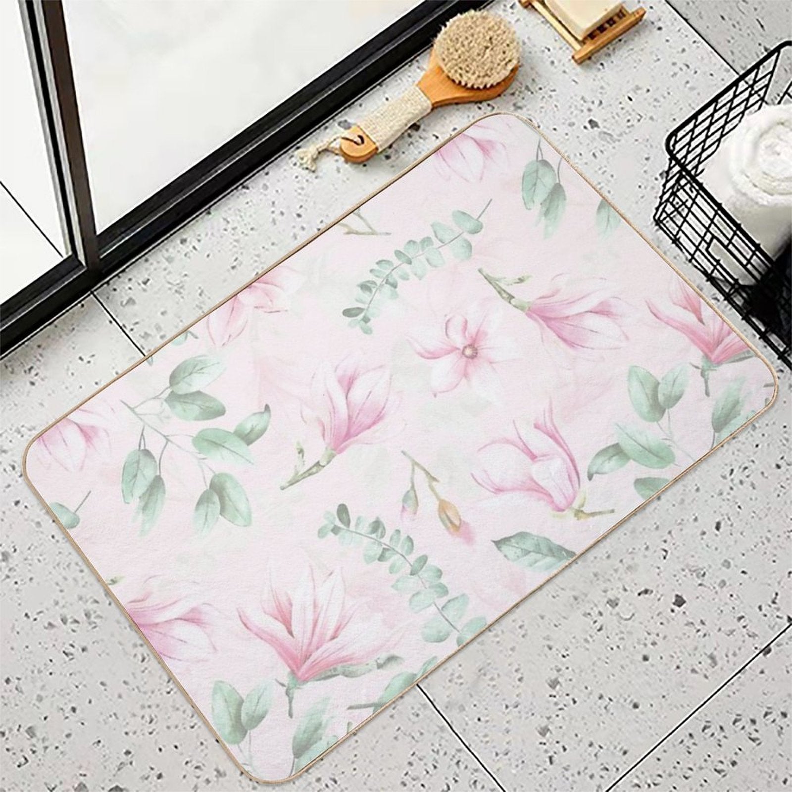 Soft Pink Hand Drawn Watercolor Magnolia Flowers Botanical Garden  Anti-Trip Bath Mat