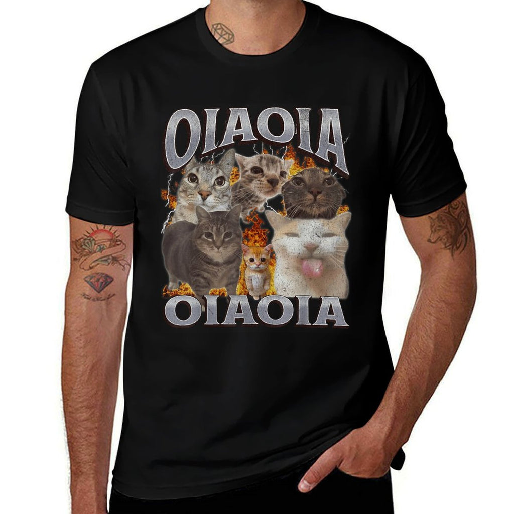Oia Oia Funny Cat Meme Bootleg Graphic  Ribbed Collar T-Shirt