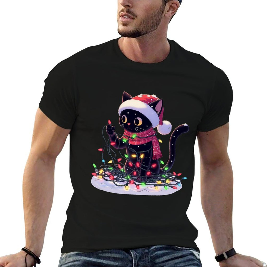 Black Cat Santa Tangled Up In Christmas Tree Lights Holiday  Affordable Price T-Shirt