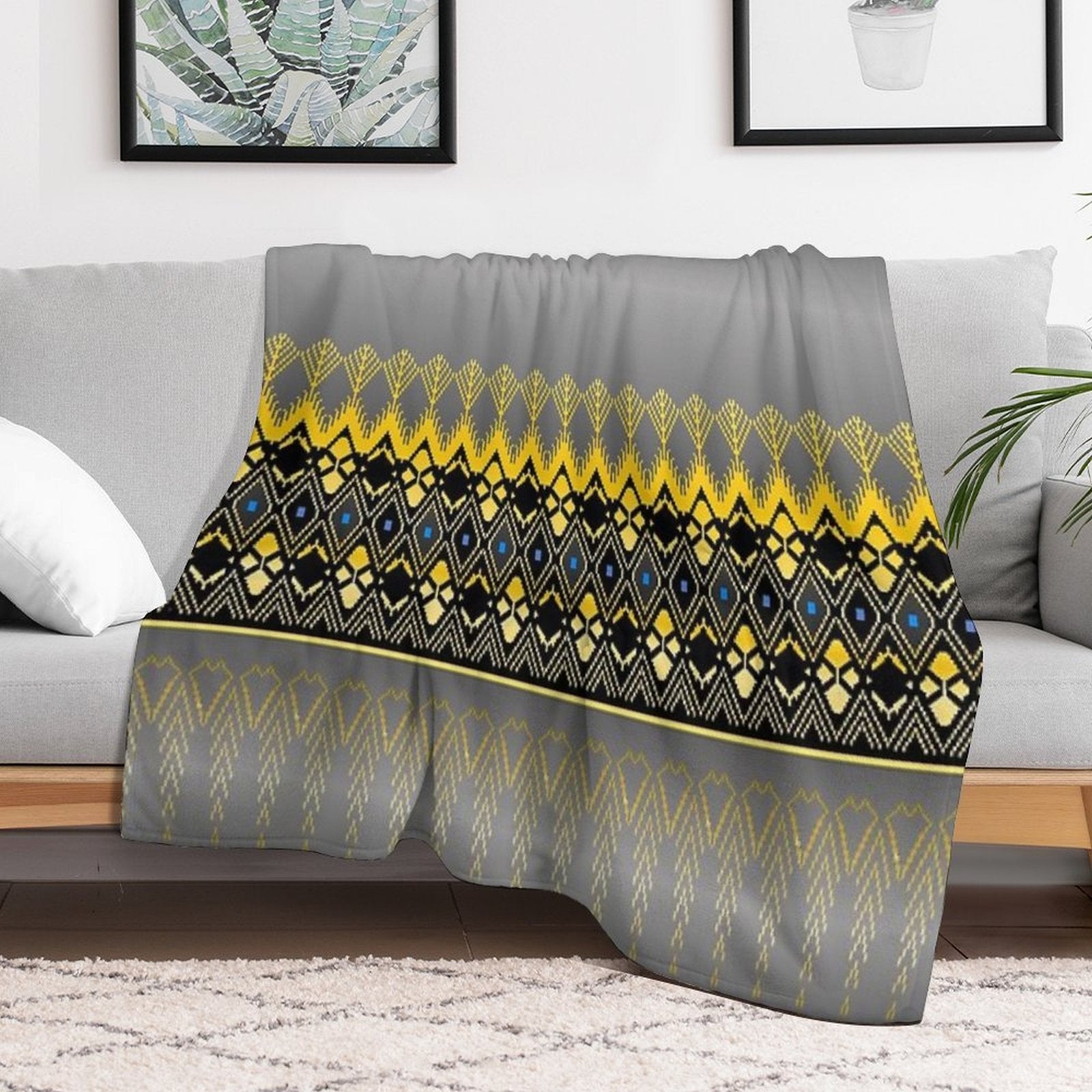 Thai Silk  Gray Black Gold Thai Silk Design  Gray Black Gold Geometric Pattern Machine-washable Throw Blanket