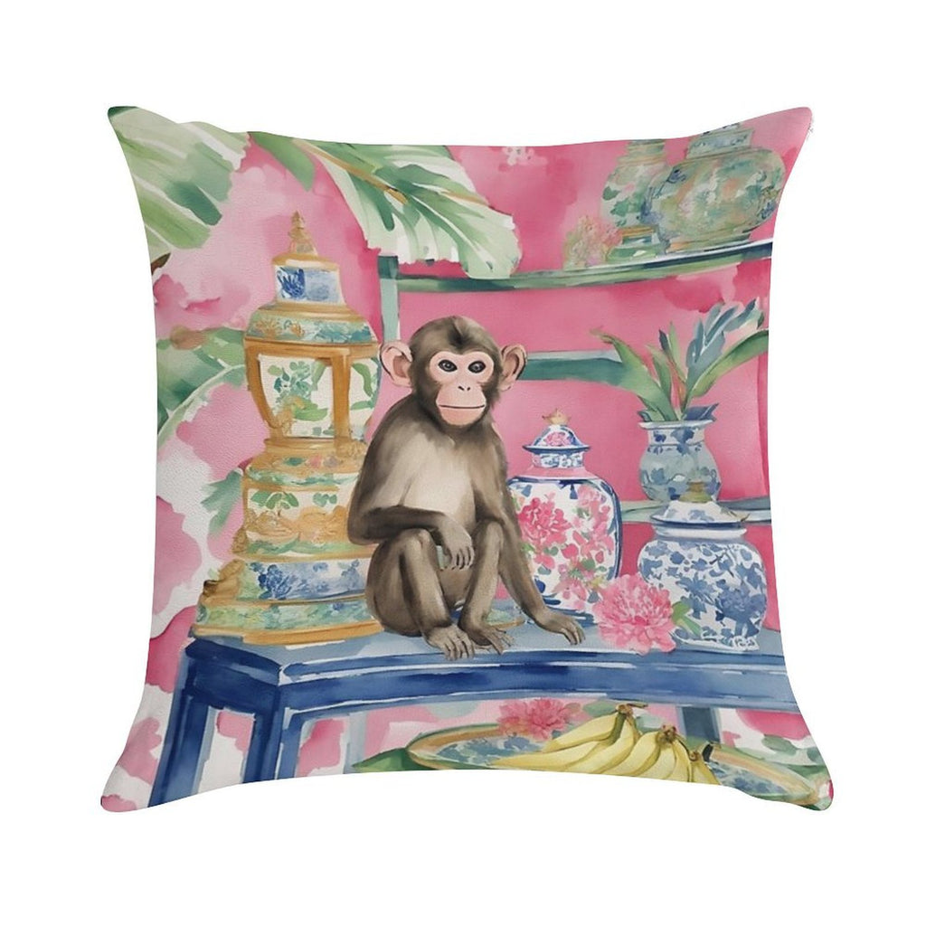 Monkey in Chinoiserie Interior with Bananas Soft Bedroom Essential Throw Pillow