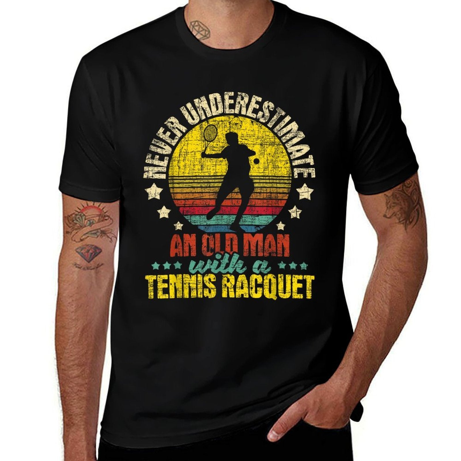 Never Underestimate An Old Man - Tennis Racket Sports Lover  Affordable Price T-Shirt