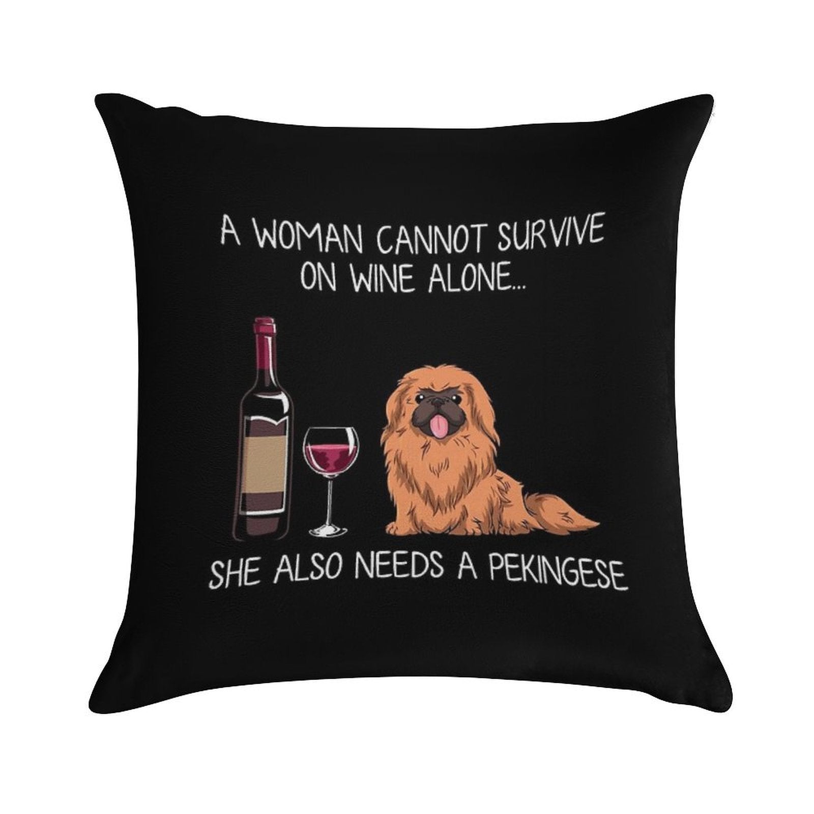 Pekingese And Wine Funny Dog Soft Short Plush Fabric Throw Pillow
