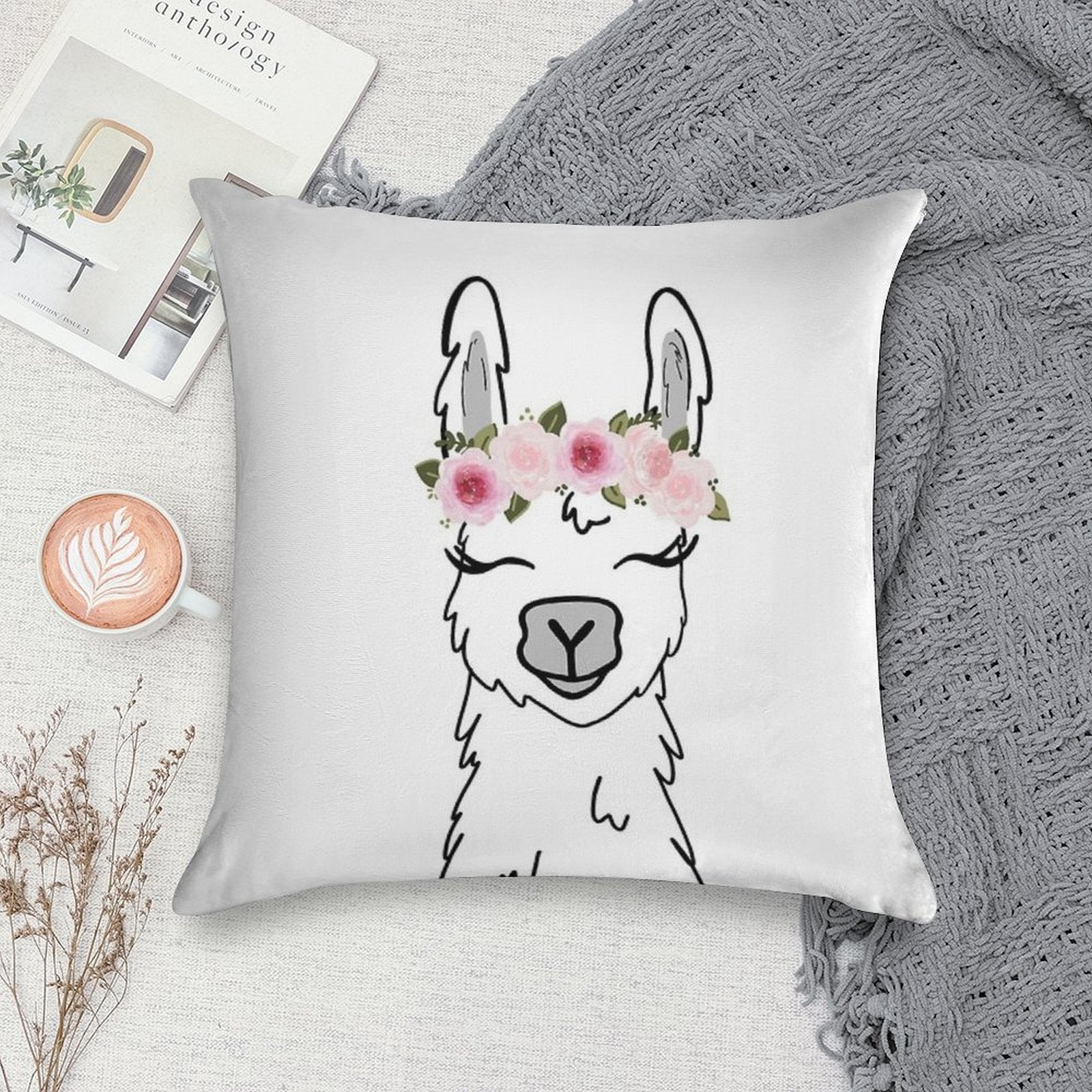 Floral Crown Llama Soft Short Plush Fabric Throw Pillow