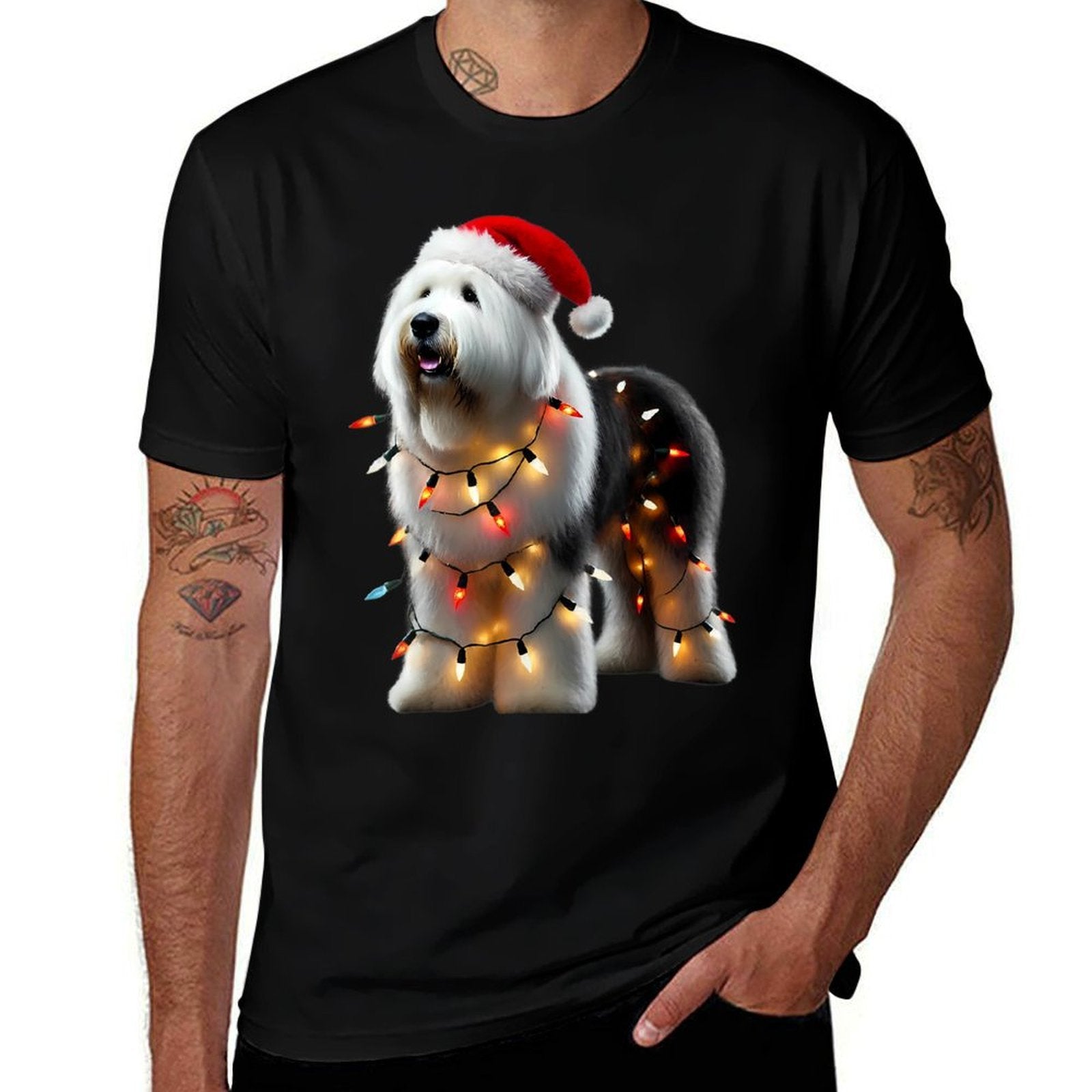 Old English Sheepdog Santa Hat Christmas Lights Dog Owner  Polyester Blend T-Shirt