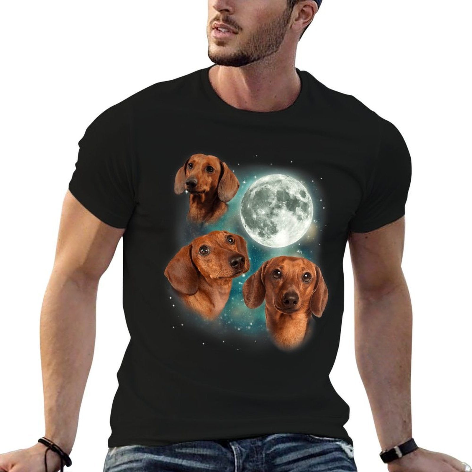 Three Dachshund Moon  Wiener Dog Humorous Doggo Meme Parody for Men Women  Polyester Blend T-Shirt