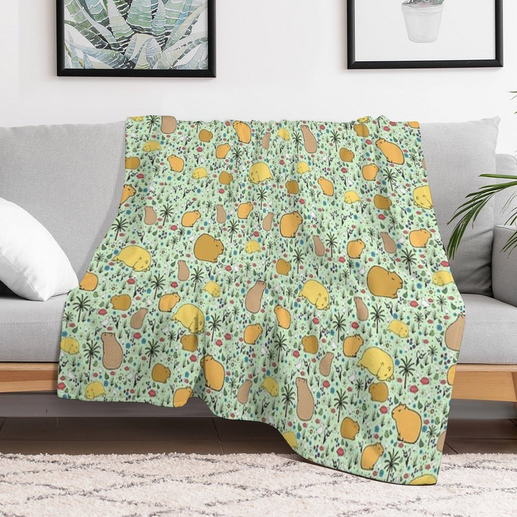 Capybaras in Green Plush Throw Blanket