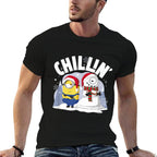 Minions Christmas Dave And Snowman Chillin Poster  Ribbed Collar T-Shirt