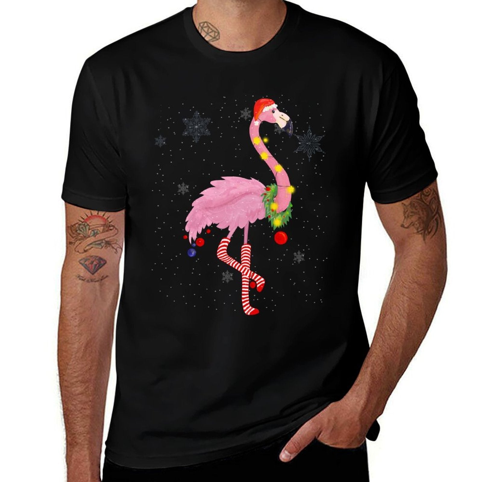 Cute Pink Flamingo with Snow, Lights And Santa Hat Christmas  Oversized Silhouette T-Shirt