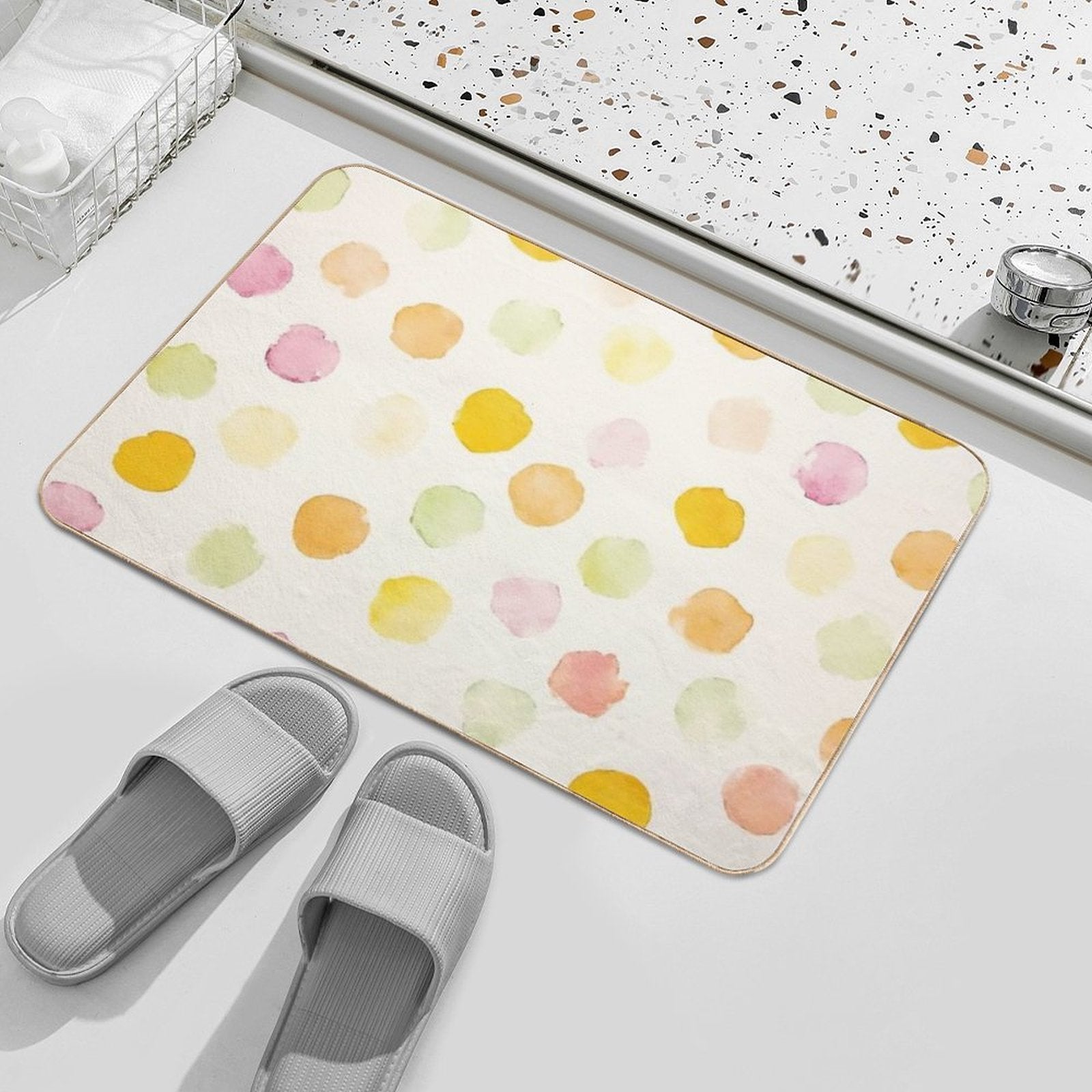 Dotty Grove – Abstract Watercolor Polka Dots  Fade-Resistant Bath Mat