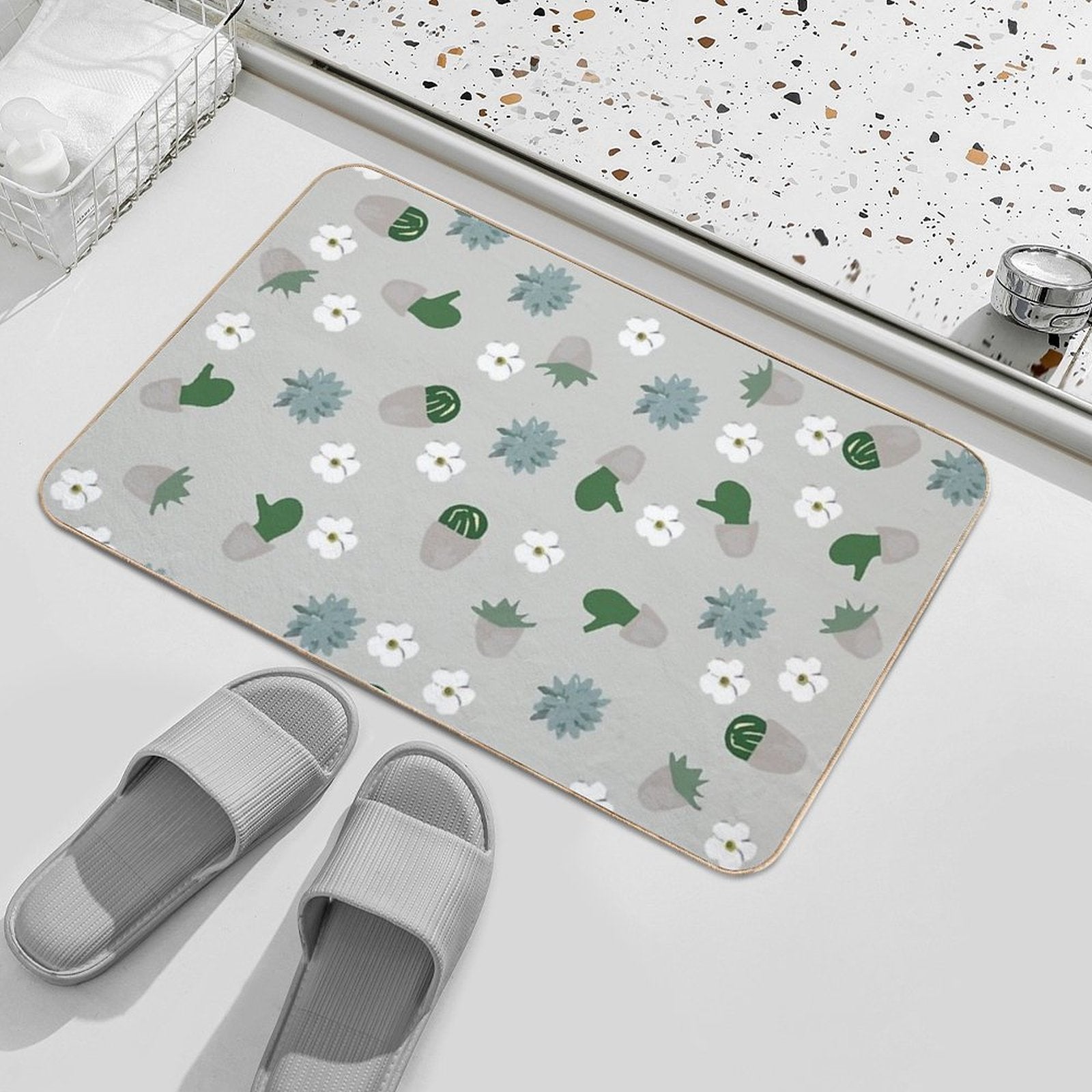 Succulent Pattern. Grey, Green.  Odorless Bath Mat