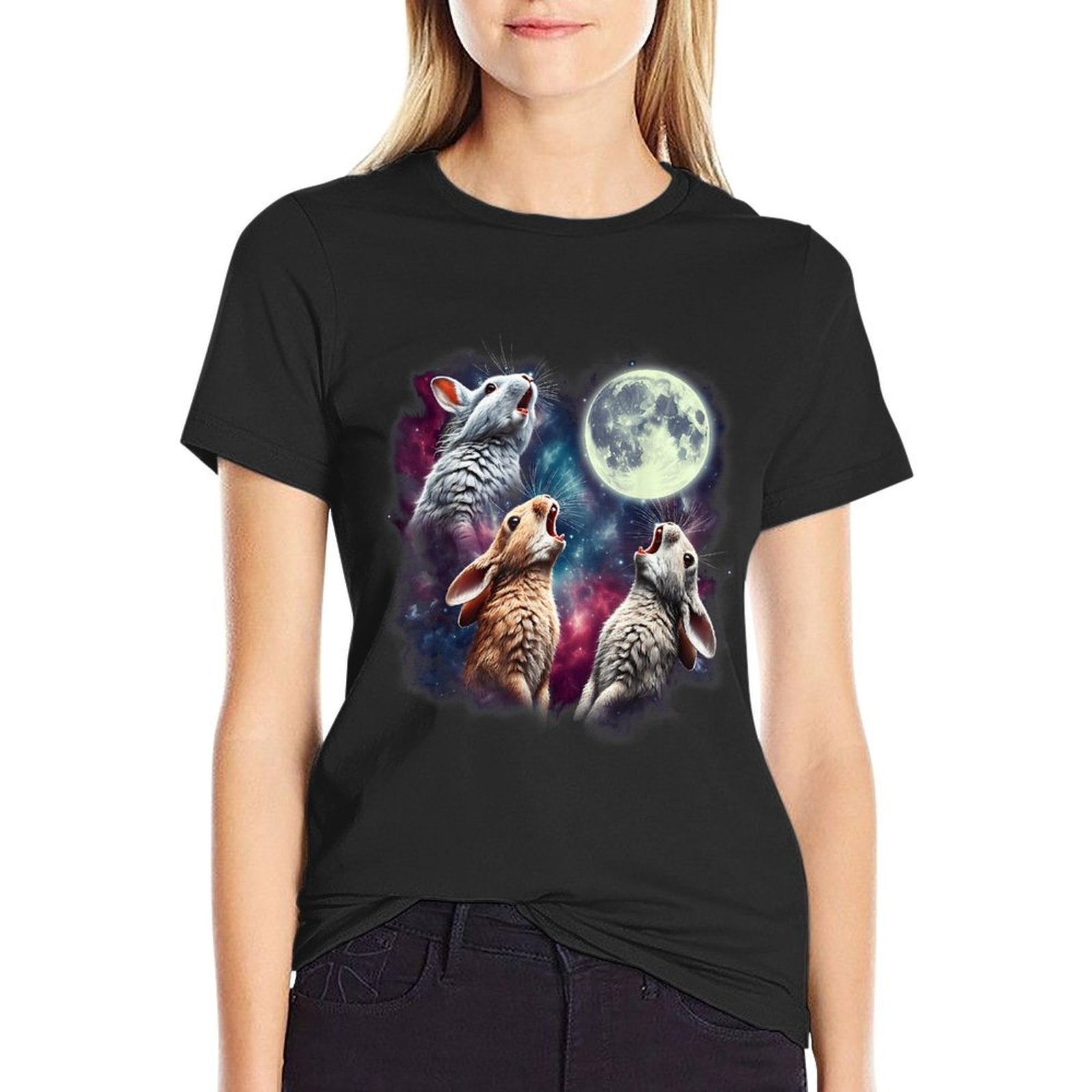 Three Rabbits Howling at Moon Funny Bunny Weird Cursed Meme  Summer-ready Fabric T-Shirt