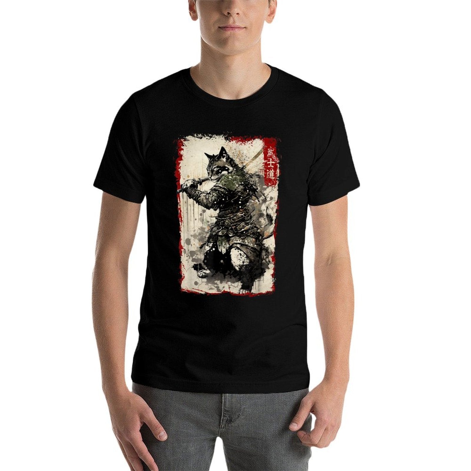 Samurai Cat Graphic Warrior Vintage Japanese Art Anime  Easy-care T-Shirt