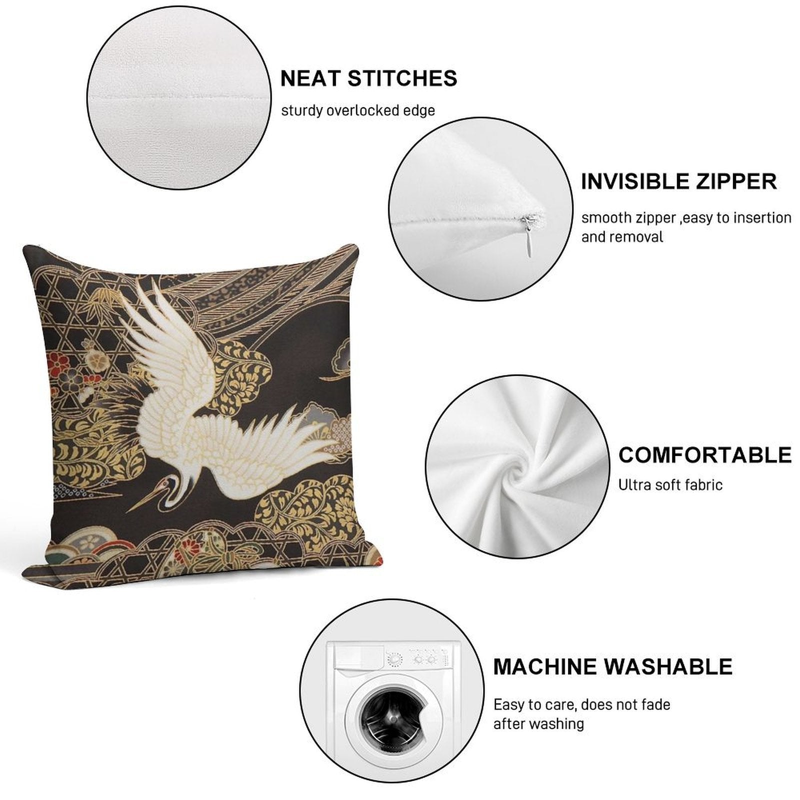 VintageJapanese Cranes Gold And Black Soft Home Decor Throw Pillow