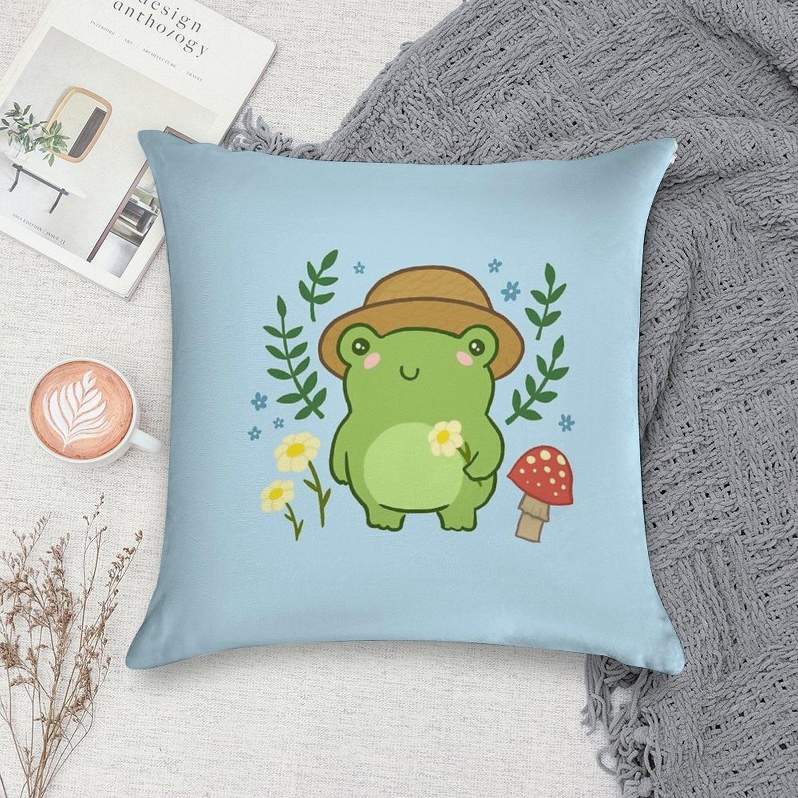 Kawaii Aesthetic Green Frog with Gardener Hat Funny Cottagecore Froggy, Nature Illustration with Mushroom Flower Blossoms Soft Luxury Feel Throw Pillow