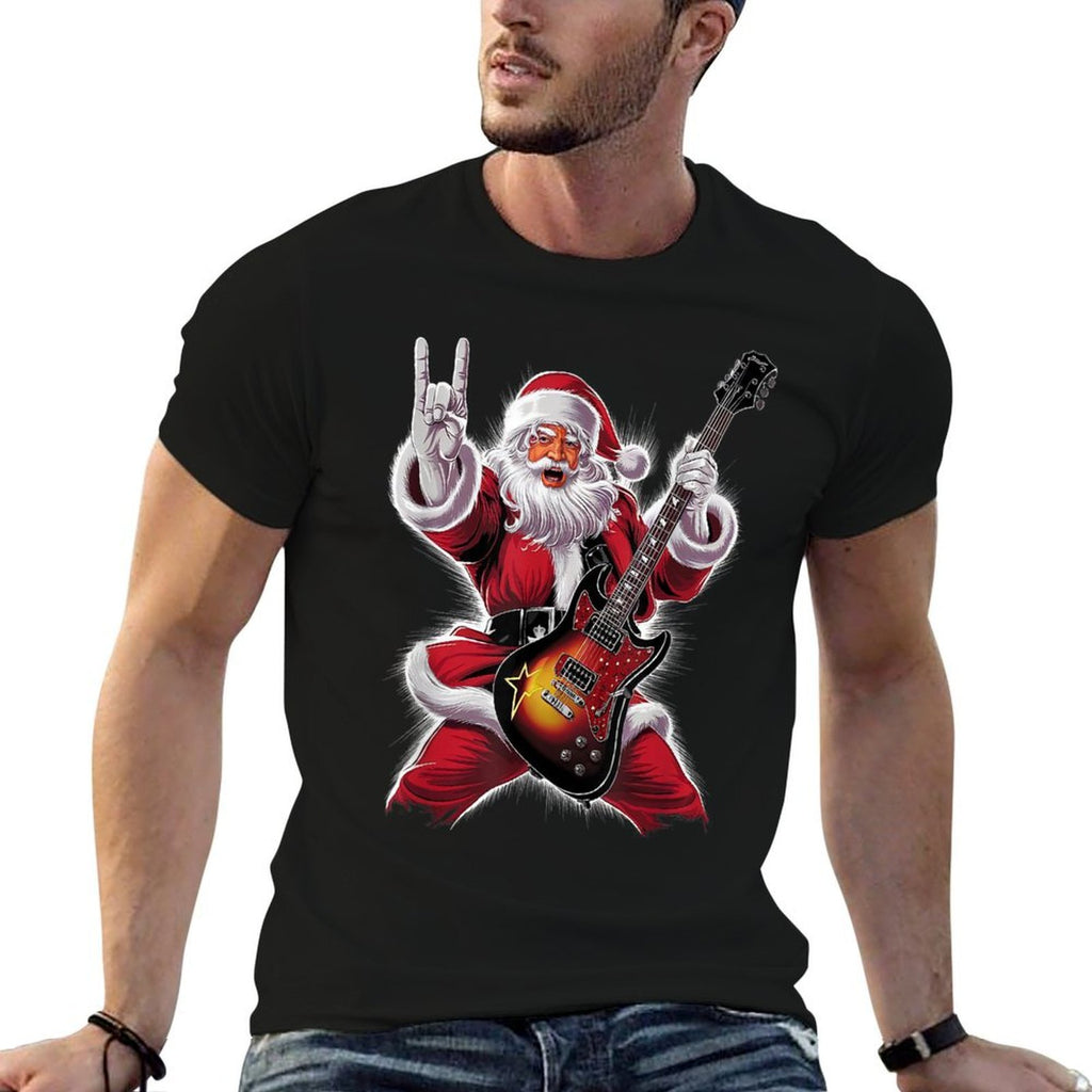Rock  Roll Christmas Santa Claus Guitar Player  Ribbed Collar T-Shirt
