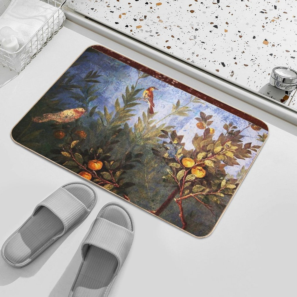 ANTIQUE ROMAN WALL PAINTING Flower Garden Flying Birds Over Quince Trees  Odorless Bath Mat