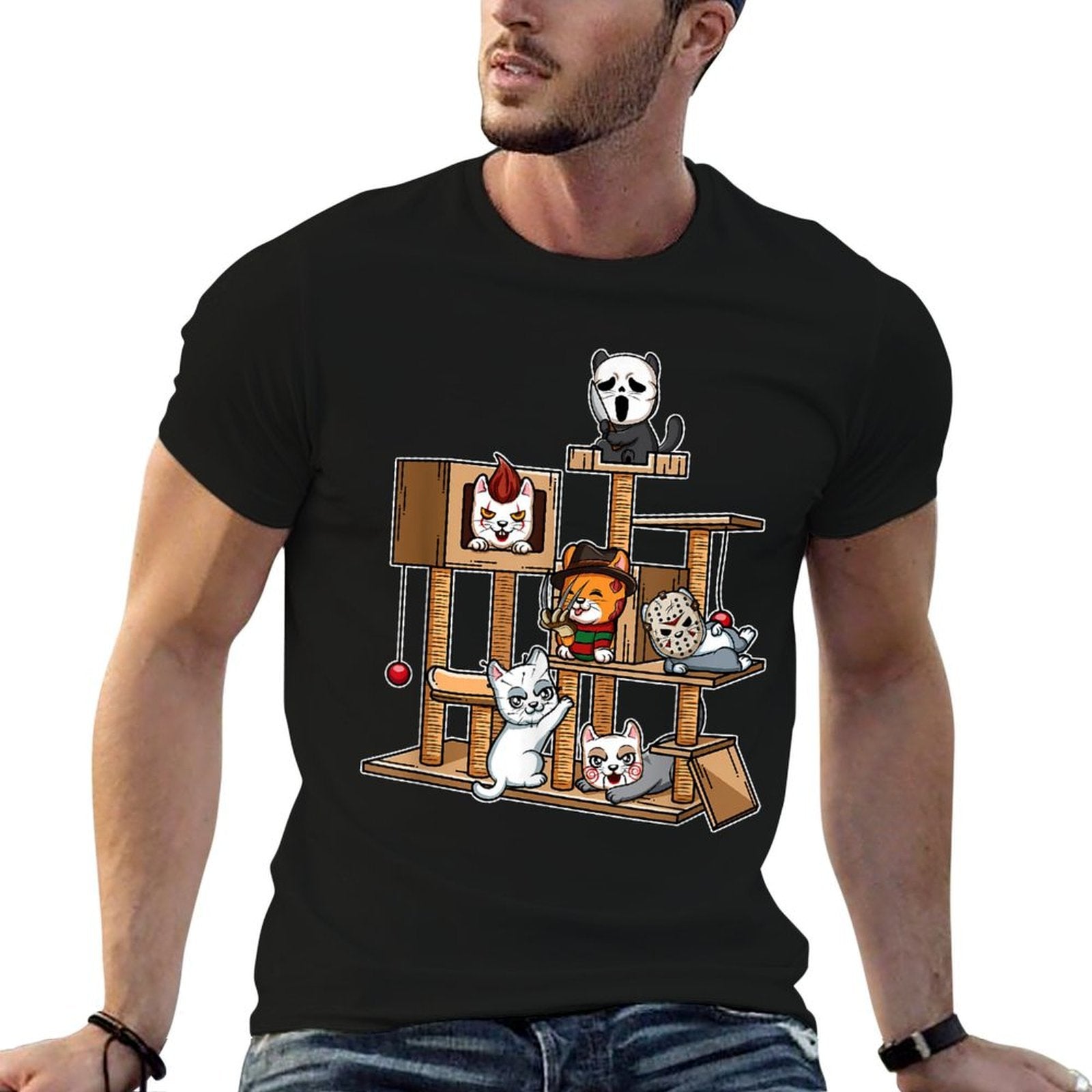 Funny Horror Movie Kitten Playing On Cat Tree  Moisture-wicking T-Shirt
