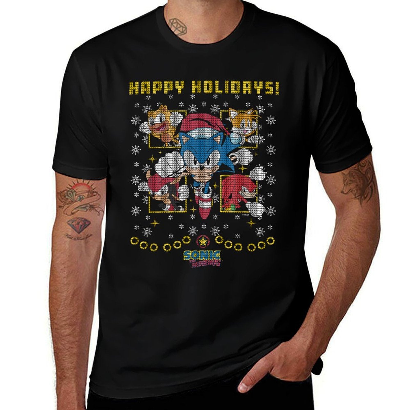 Sonic The Hedgehog Christmas Panels Vintage Ugly Sweater  Rolled Sleeves T-Shirt