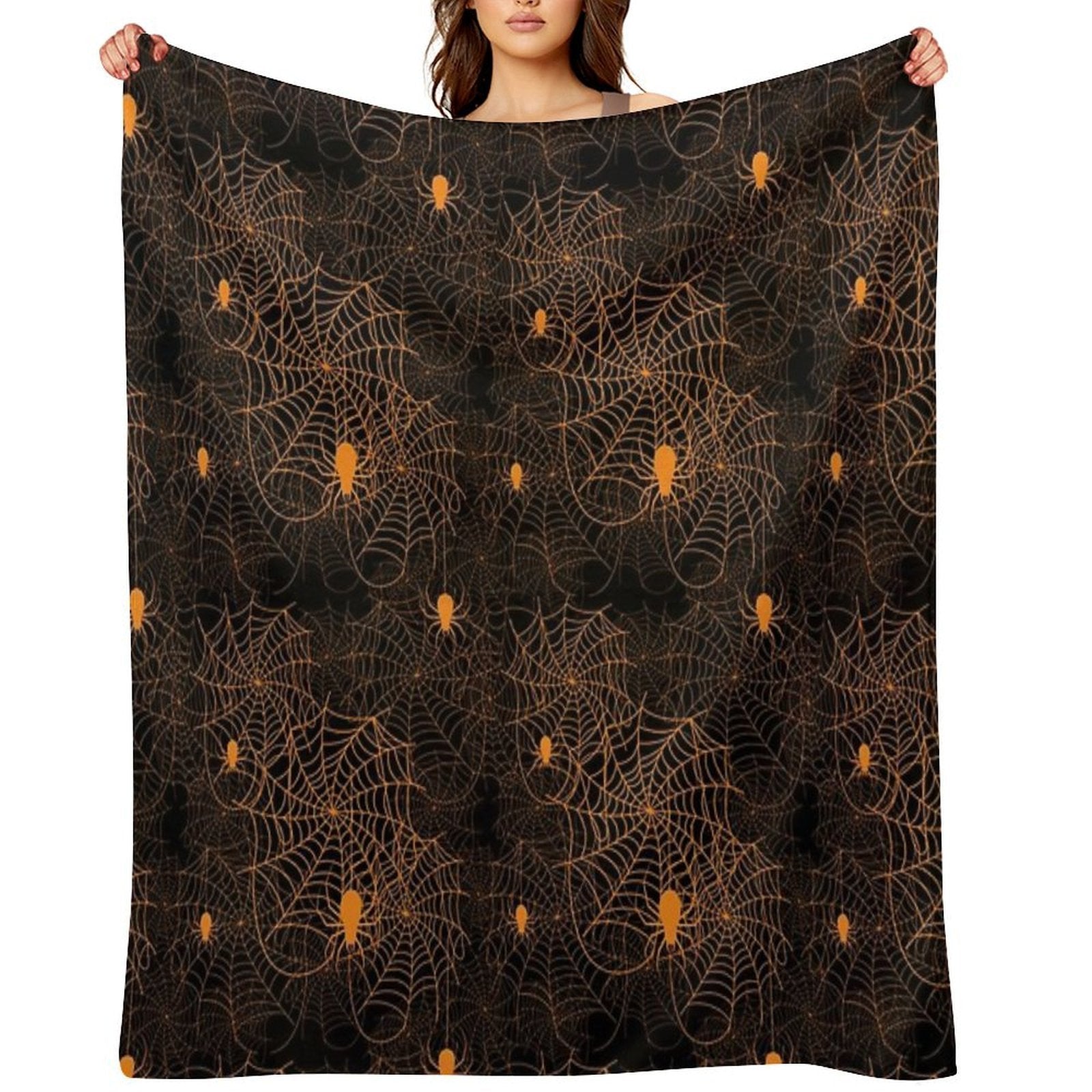 Halloween Spider Web Pattern Orange on Black Machine-washable Throw Blanket