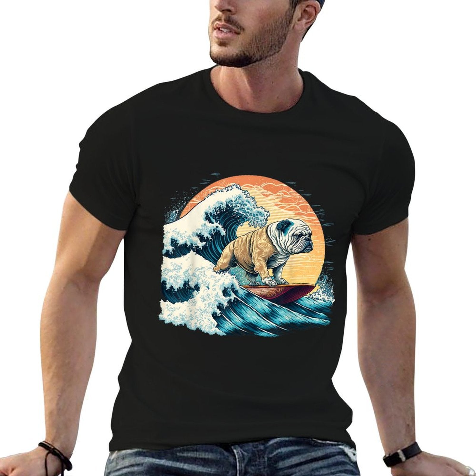 English Bulldog Surfing On The Great Wave of Kanagawa Men Women Girls Kids  Eco-friendly Material T-Shirt