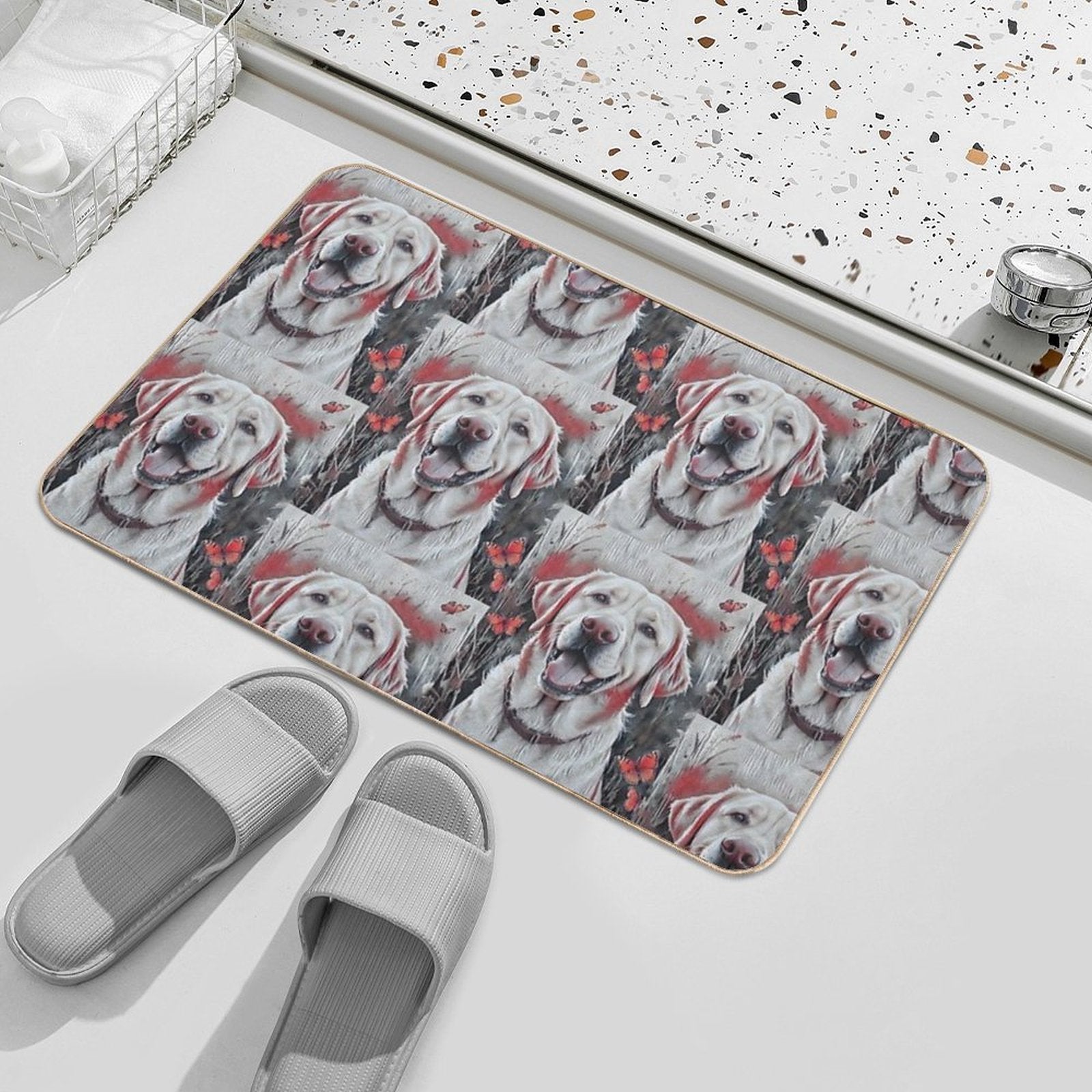 1 Happy Dog And Dozens of Butterflies in A Joyful Field Scene  Long-Lasting Bath Mat