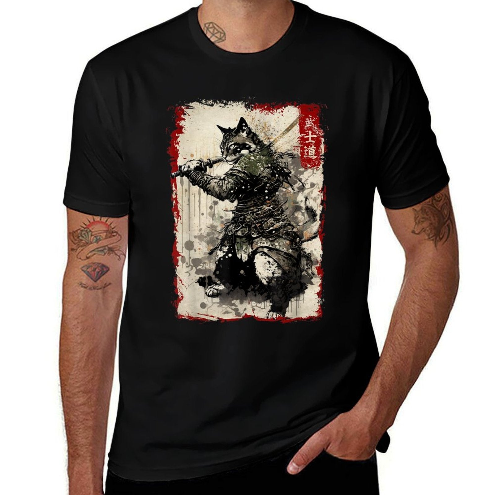Samurai Cat Graphic Warrior Vintage Japanese Art Anime  Easy-care T-Shirt