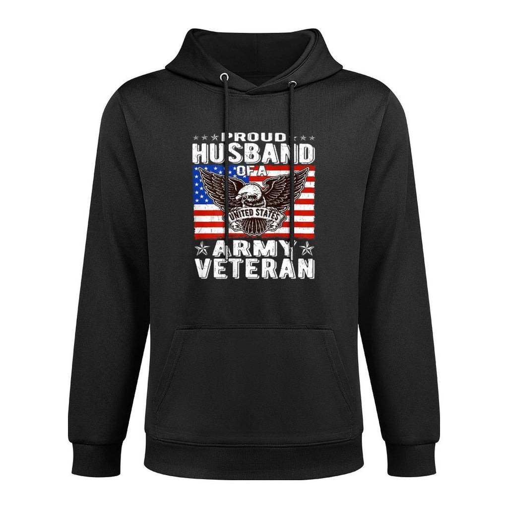 Mens Proud Husband Of A US Army Veteran Patriotic Military Spouse Durable Construction Hoodie