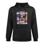 Mens Proud Husband Of A US Army Veteran Patriotic Military Spouse Durable Construction Hoodie