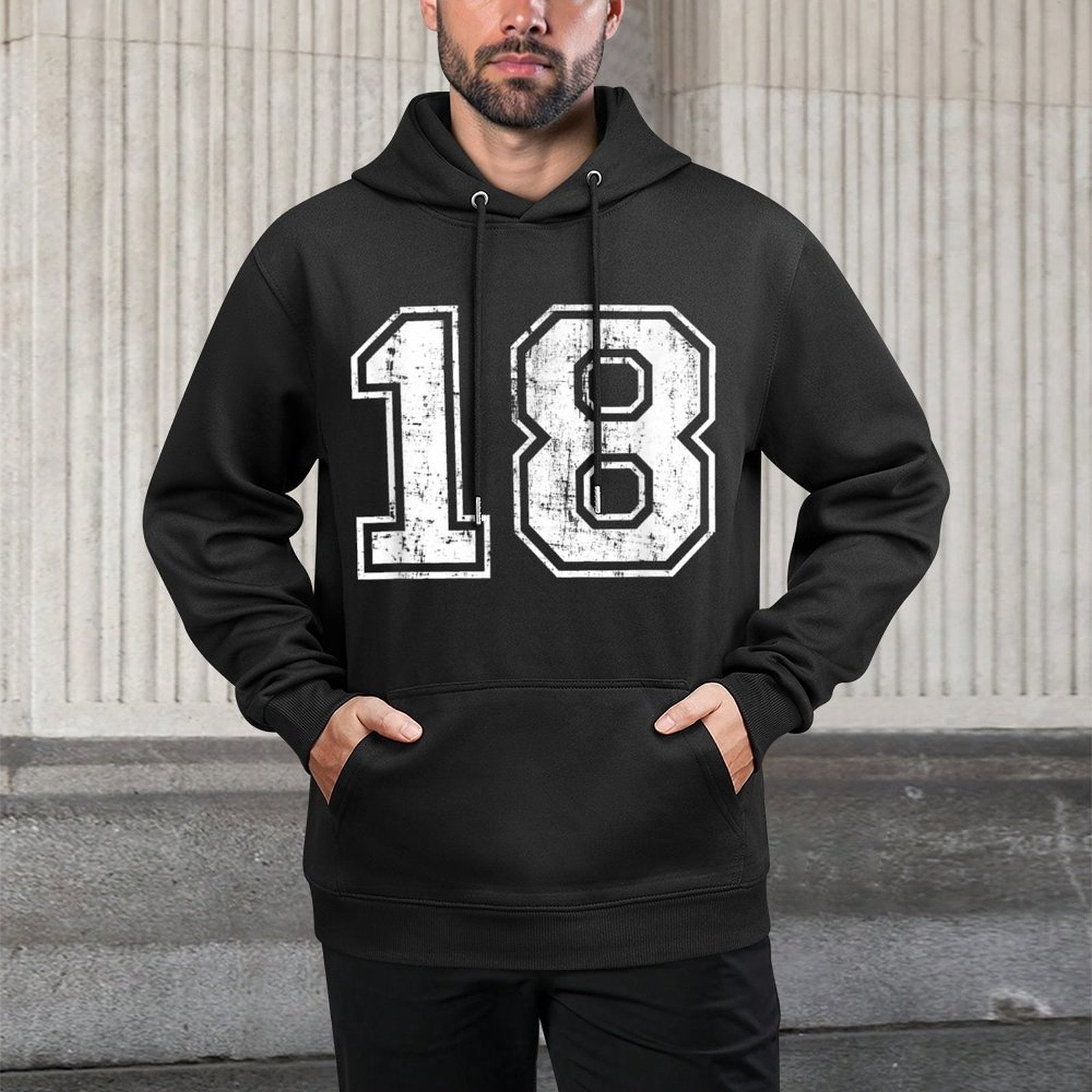 Number 18 Eighteen Distressed Vintage Sports Team Practice All-Day Comfort Hoodie
