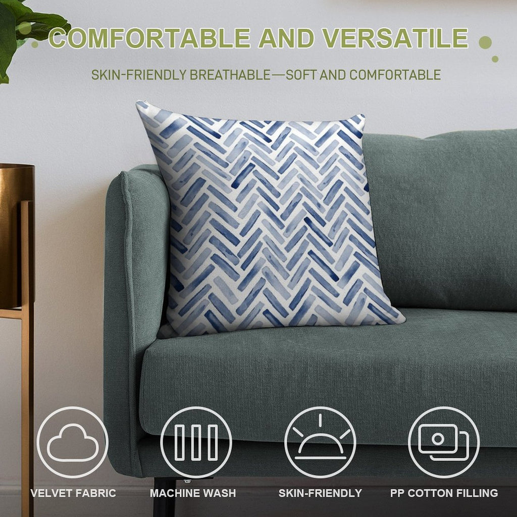 Indigo Blue Watercolor Herringbone Chevron Soft Easy Maintenance Throw Pillow