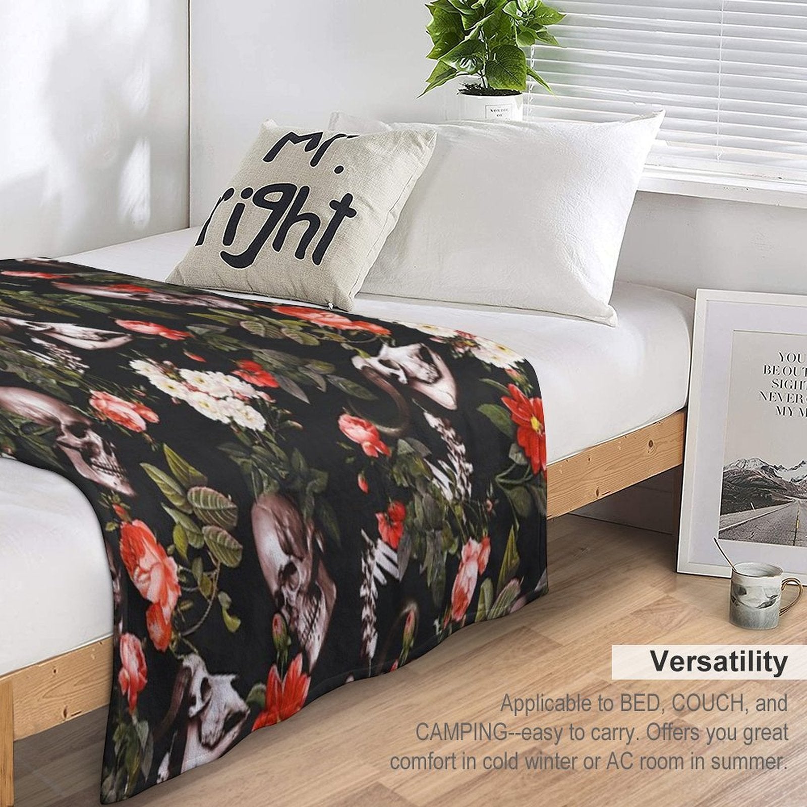 Skull And Floral Pattern Multi-functional Throw Blanket