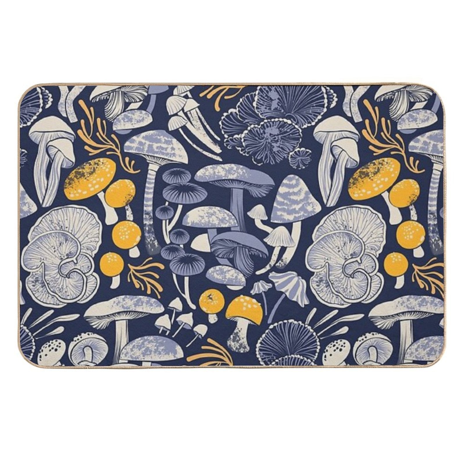 Mystical Fungi  Midnight Blue Background Ivory Pale Blue And Yellow Wild Mushrooms Durable Bath Mat
