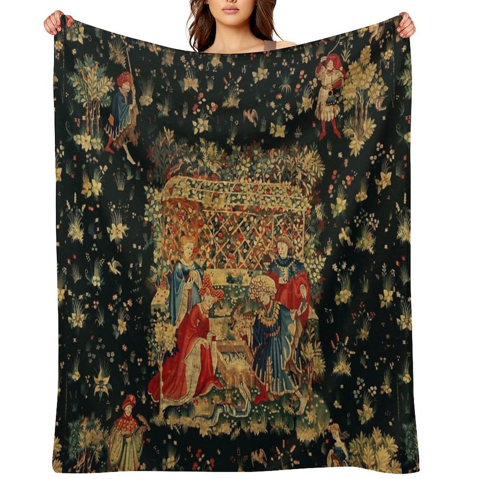 FALCONS BATH Red Blue Antique Medieval Tapestry,Court Figures,Birds, Flowers ,Rose Trellis Gift-ready Throw Blanket