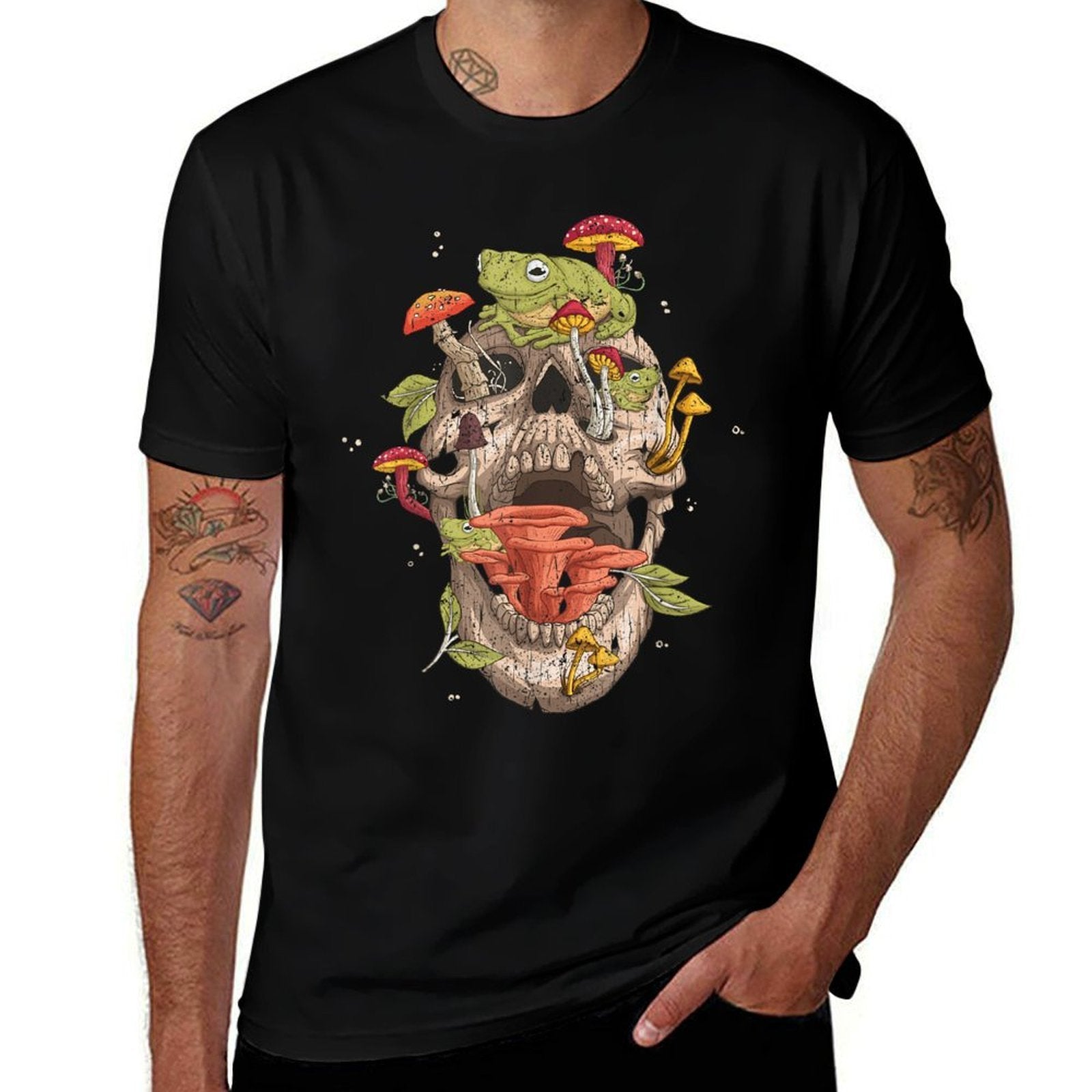 Cottagecore Frog Skull Mushroom Collector Men Women Vintage  Polyester Blend T-Shirt