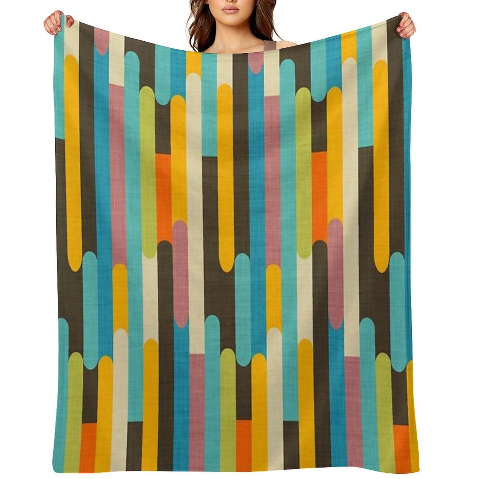 Retro Color Block Popsicle Sticks Blue Easy Care Throw Blanket