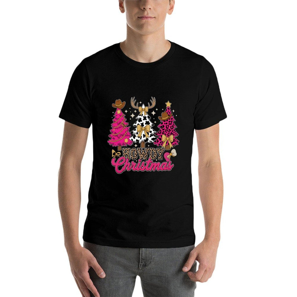 Howdy Christmas Pink Leopard Cow-Print Tree Coquette Cowgirl  Durable T-Shirt